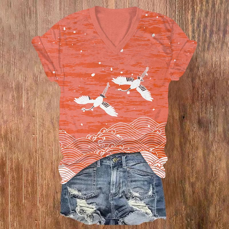 Japanese Art Waves Print  V-neck T-shirt - Orange - US32-34(5XL) - image 4