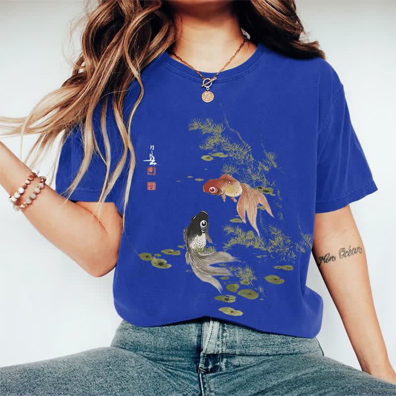 100% Cotton Japanese Koi Art Print Casual T-shirt - Royal Blue - 2XL - image 5