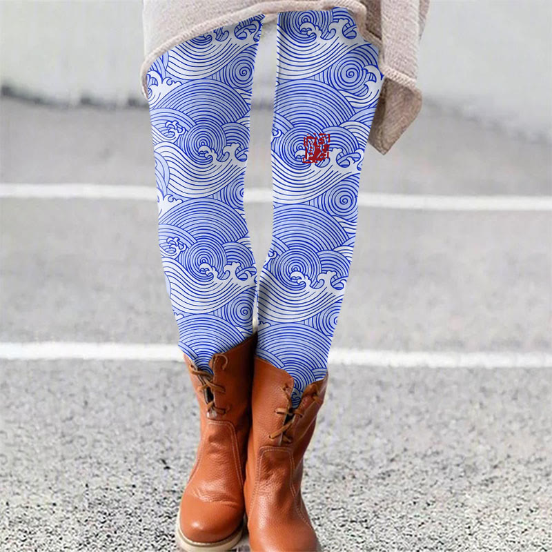 The Silent Dance Of Waves Japanese Art Print Leggings - Blue - 5XL - image 3