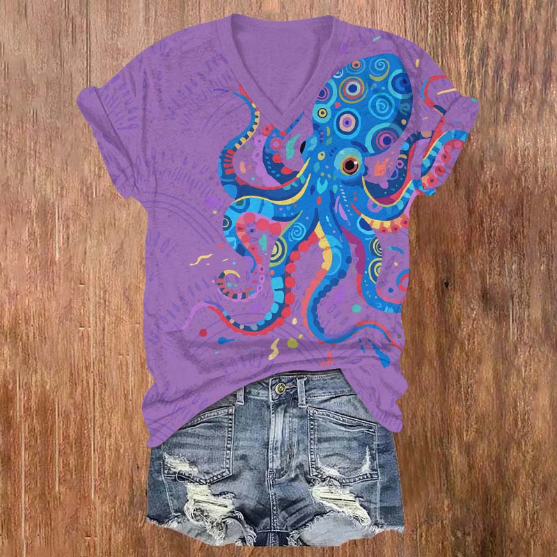 Funny Colorful Geometric Octopus Pattern Print V-neck T-shirt - Purple - US32-34(5XL) - image 2