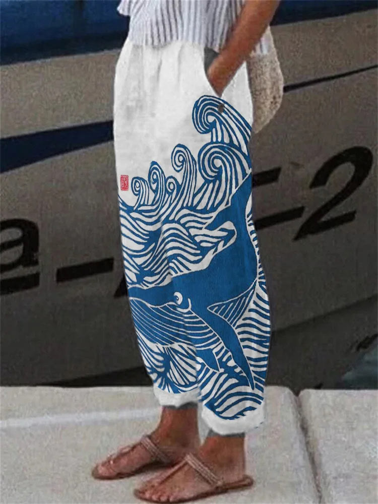Whale & Waves Japanese Lino Art Casual Pants  - Blue - 5XL - image 1