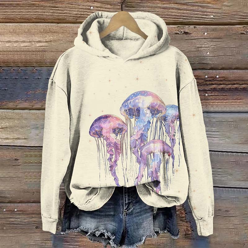 Vintage Starry Fantasy Glowing Jellyfish Print Long Sleeve Hoodie - Apricot - US44-46(8XL) - image 4