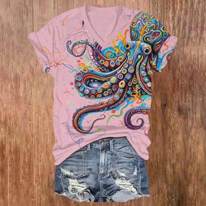 100% Cotton Vintage Rainbow Octopus Art Print V-neck T-shirt - Pink - 5XL - image 4