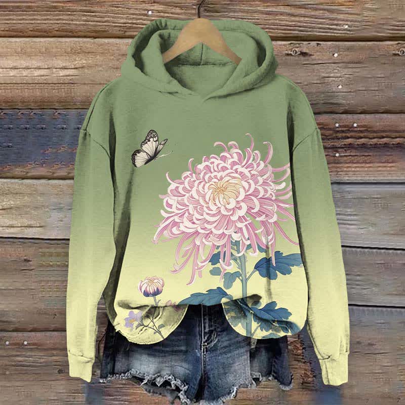 Japanese Vivid Pink Chrysanthemum Art Print Long Sleeve Hoodie - Green - US44-46(8XL) - image 2