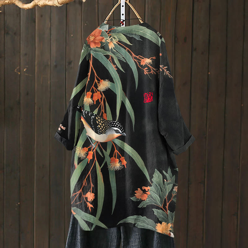 Japanese Vintage Little Bird Pattern Print Cardigan - Black - US 30-32 (6XL) - image 3
