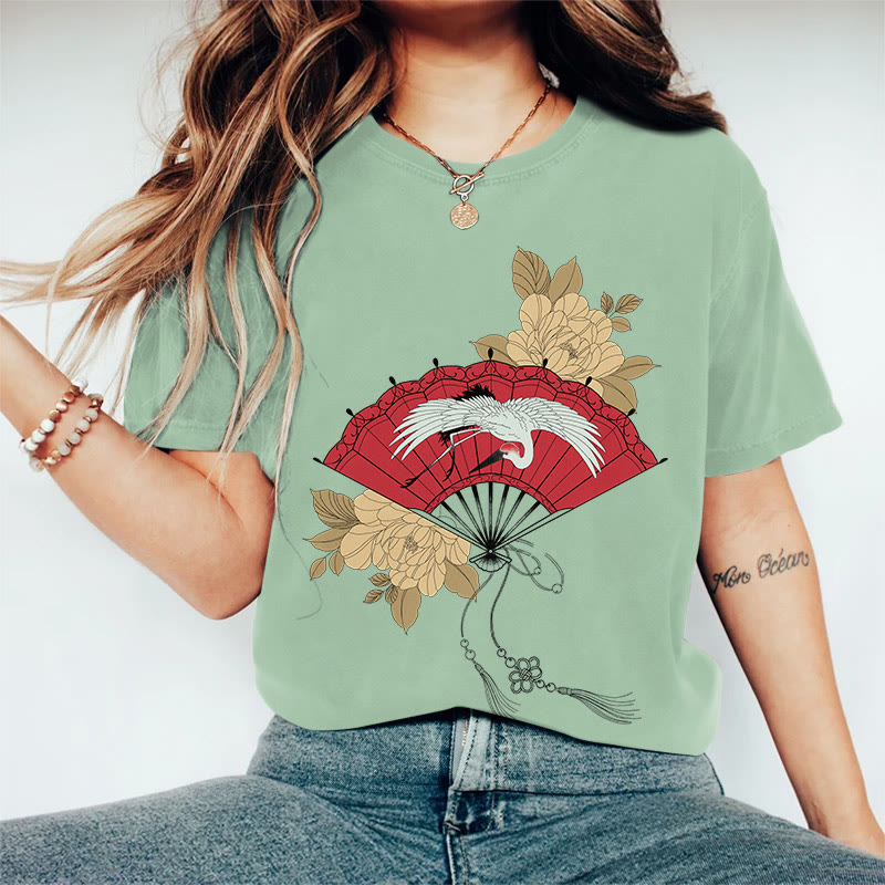 100% Cotton Women's Japanese Style Floral Crane Fan Art Print Casual T-shirt - Green - 2XL - image 6