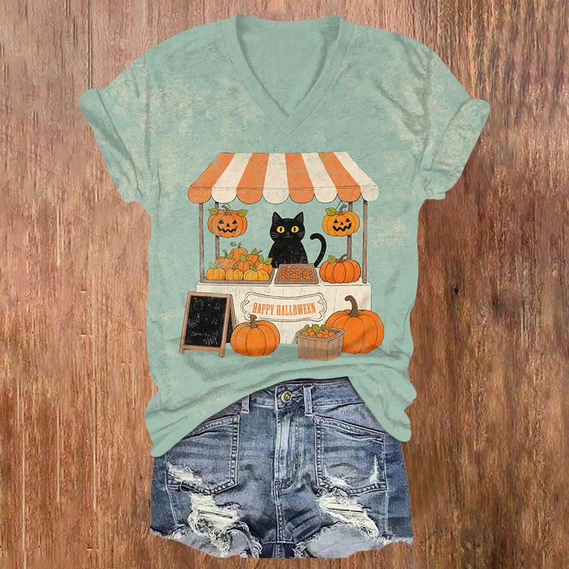 Halloween Cat Selling Pumpkin Booth Art Print V-neck T-shirt - Green - US32-34(5XL) - image 2