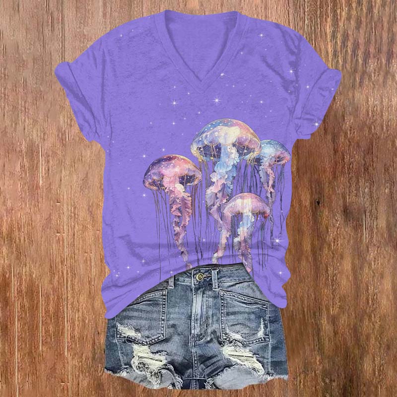 Vintage Starry Fantasy Glowing Jellyfish Print V-neck T-shirt - Purple - US32-34(5XL) - image 3
