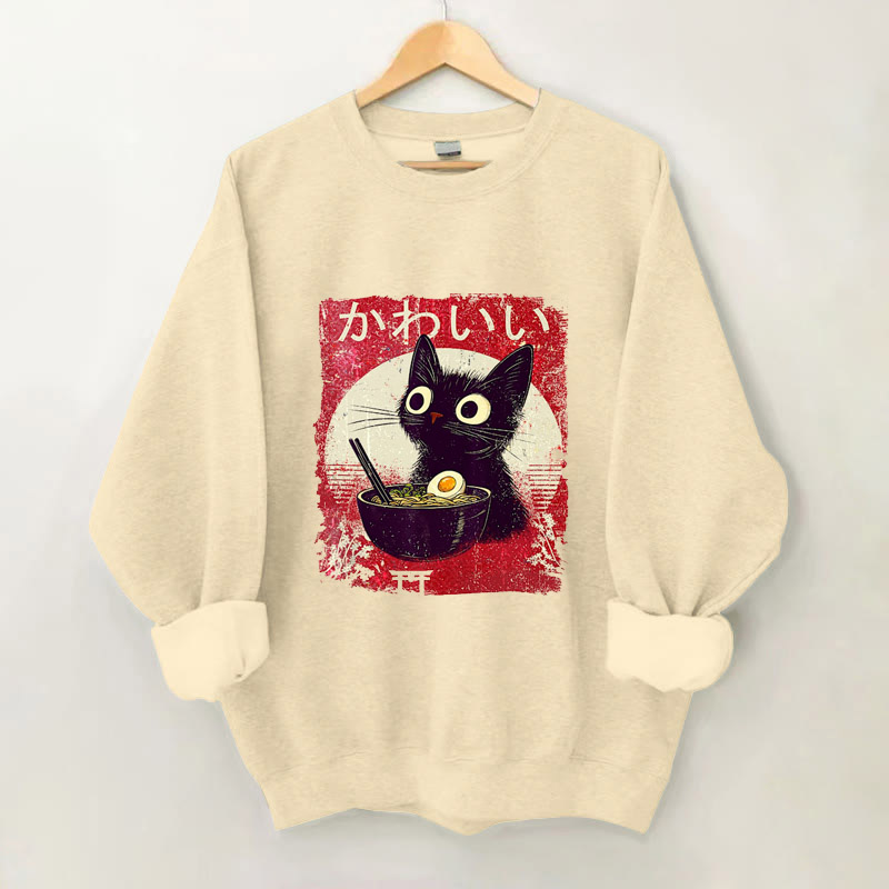 100% Cotton Japanese Cute Cat And Ramen Print Crew Neck Sweatshirt - Apricot - 2XL - image 1