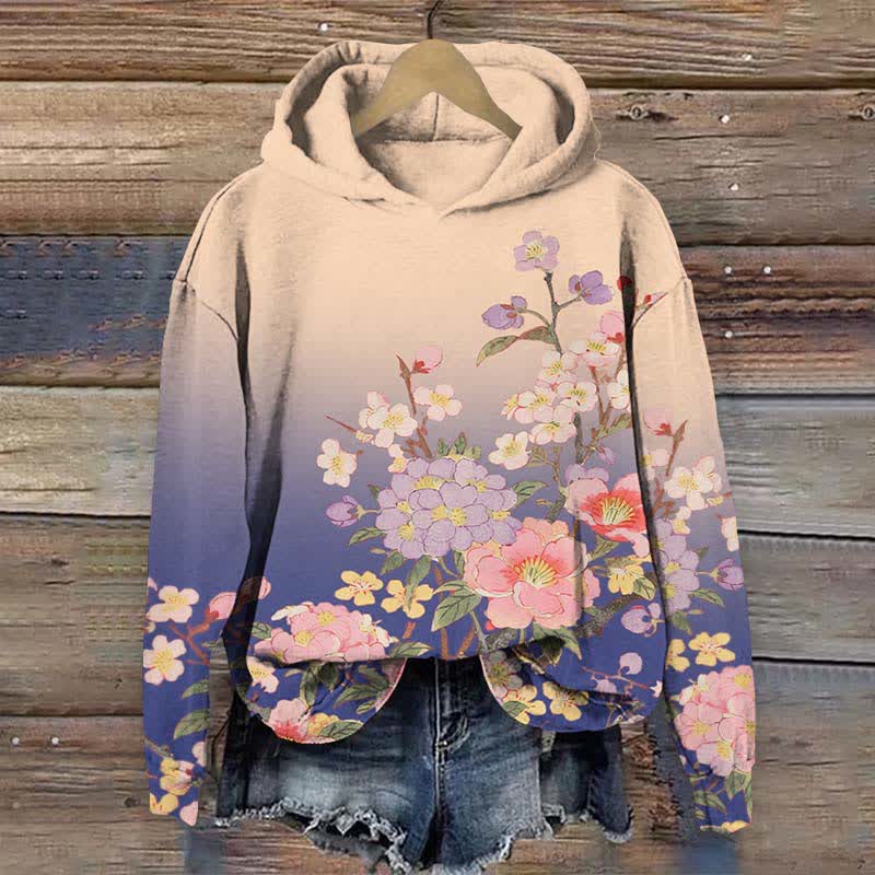 Japanese Flowers Competing For Beauty Art Print Long Sleeve Hoodie - Blue - US44-46(8XL) - image 5