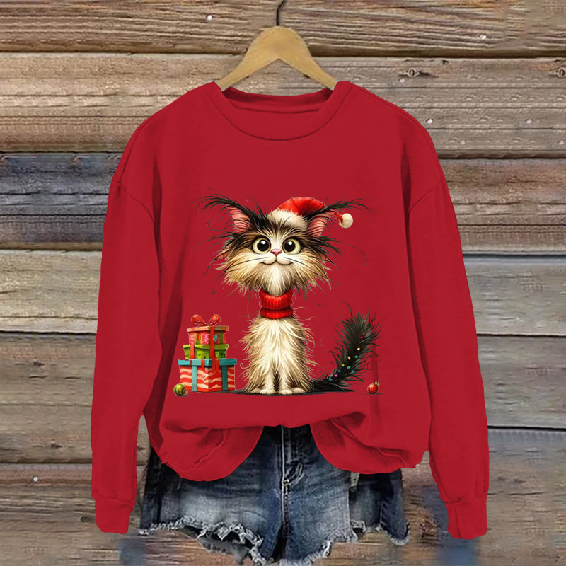 Christmas Cat Pattern Print Long Sleeve Sweatshirt - Red - US16-18(2XL) - image 4