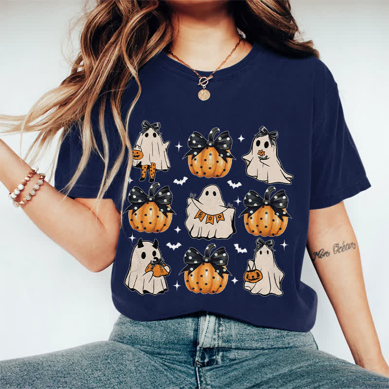 100% Cotton Halloween Girly Ghost & Pumpkin Art Print T-Shirt - Dark Blue - 2XL - image 2