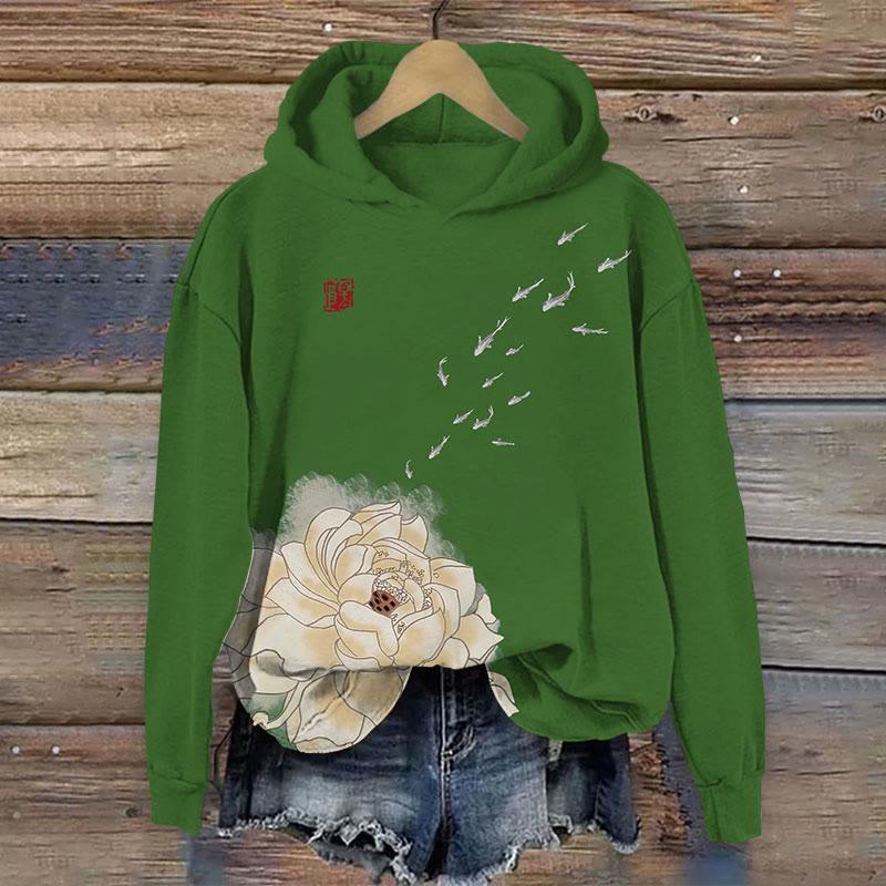 Flower With School Of Fish  Print Long Sleeve Hoodie - Green - US44-46(8XL) - image 3