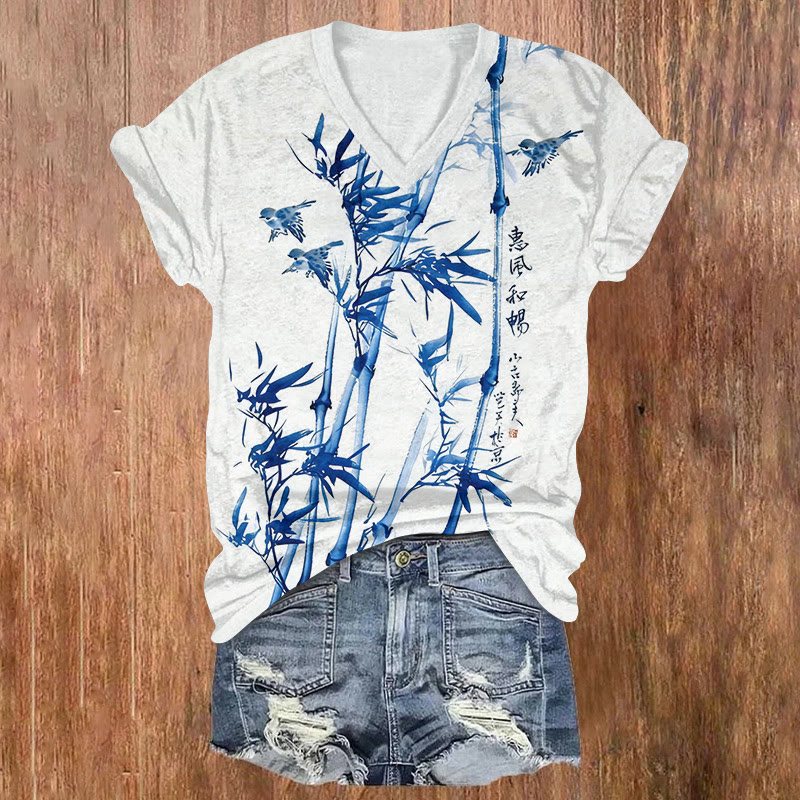 Vintage Bamboo And Birds Ink Painting Pattern Print Short Sleeved V-neck T-shirt - Blue - US32-34(5XL) - image 3
