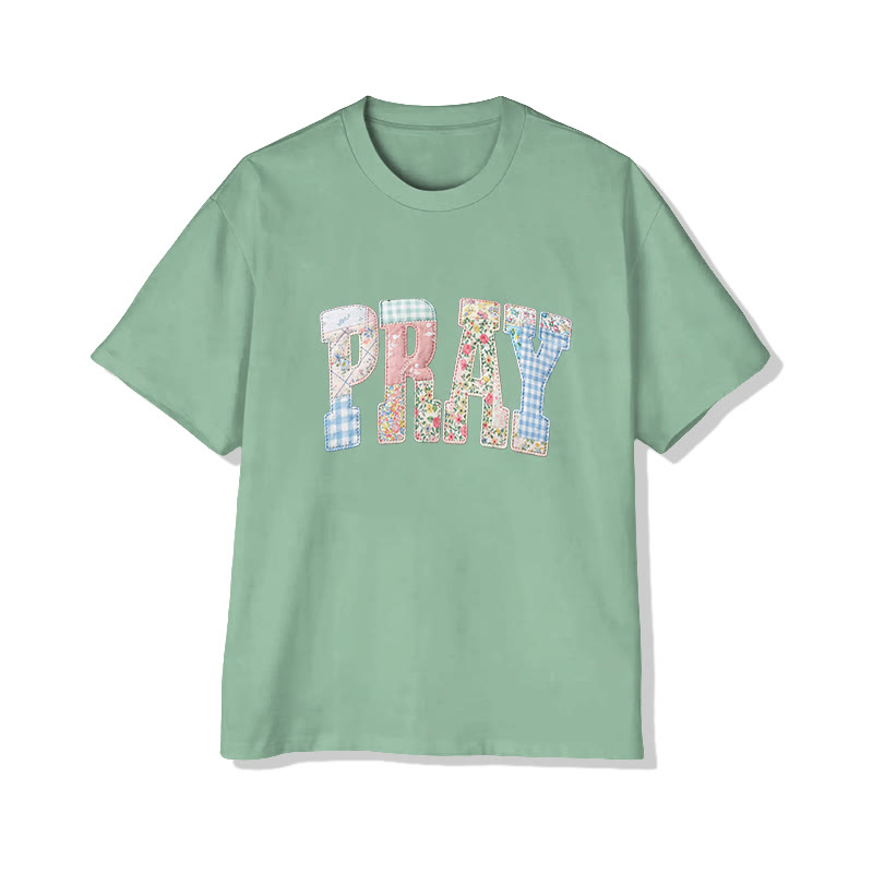 Vintage Floral Pray Christian Pattern Print Short Sleeved Round Neck Cotton T-shirt - Light Green - US28-30(4XL) - image 13