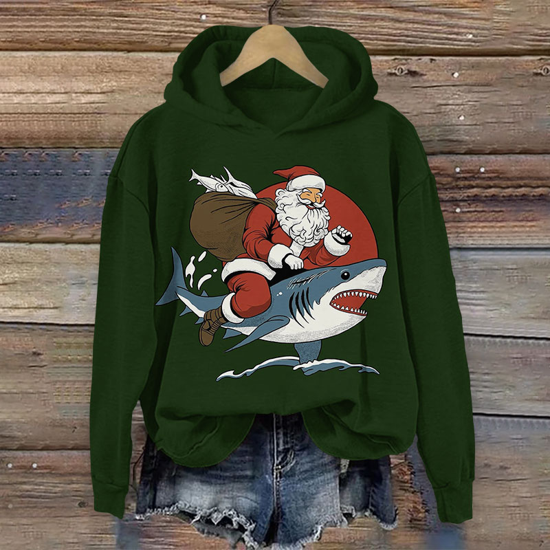 Santa Claus Riding A Shark Christmas Print Long Sleeve Hoodie - Green - US44-46(8XL) - image 3