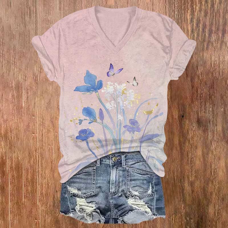 Japanese Vintage Butterfly Collecting Nectar Print V-neck T-shirt - Pink - US32-34(5XL) - image 3