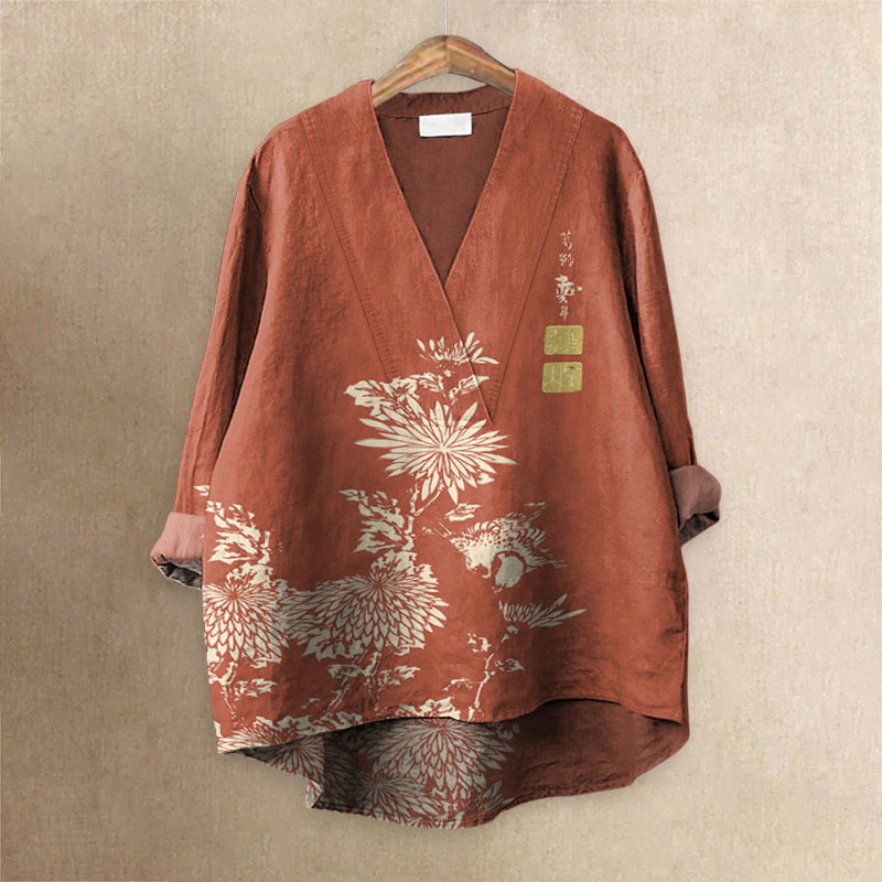 Vintage Chrysanthemum Printed Casual V-neck Blouse - Orange - 6XL - image 5