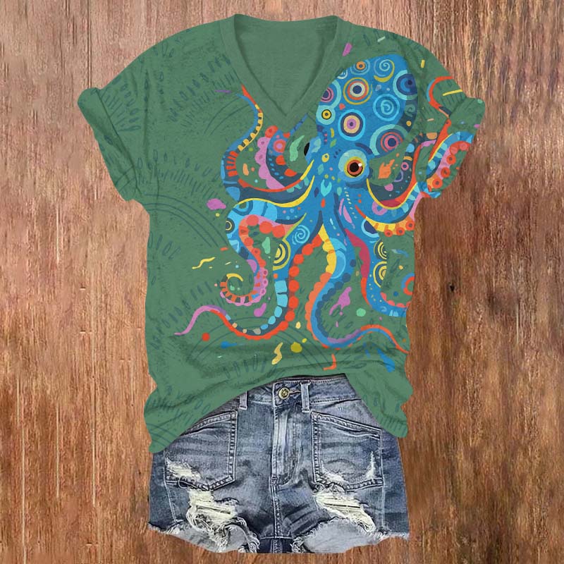 Funny Colorful Geometric Octopus Pattern Print V-neck T-shirt - Green - US32-34(5XL) - image 3