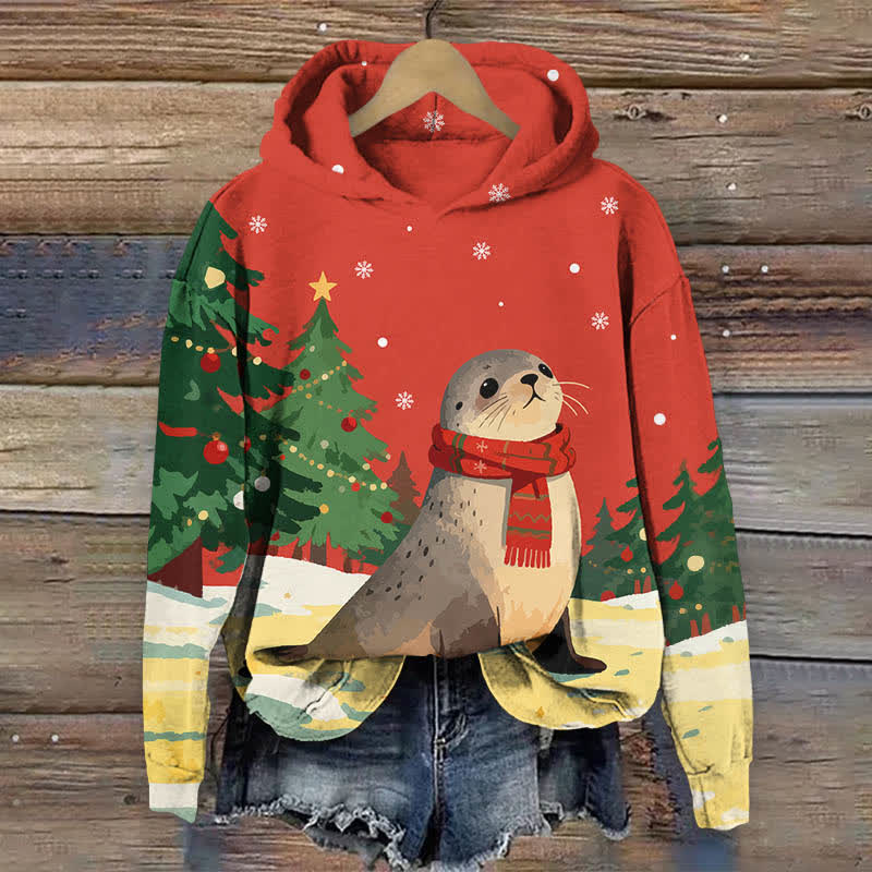 Christmas Winter Snowy Seal With Scarf Art Print Long Sleeve Hoodie - Red - US44-46(8XL) - image 4