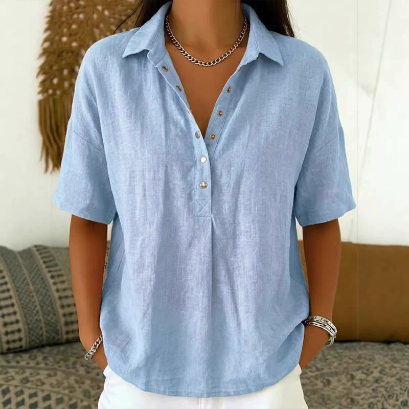 Simple Cozy Solid-color Button-up Short-sleeve Polo Blouse - Light Blue - 3XL - image 5
