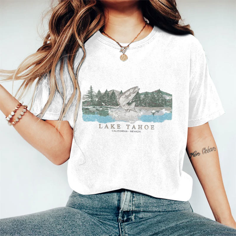 100% Cotton Vintage Lake Tahoe Fish T-shirt - White - 2XL - image 3
