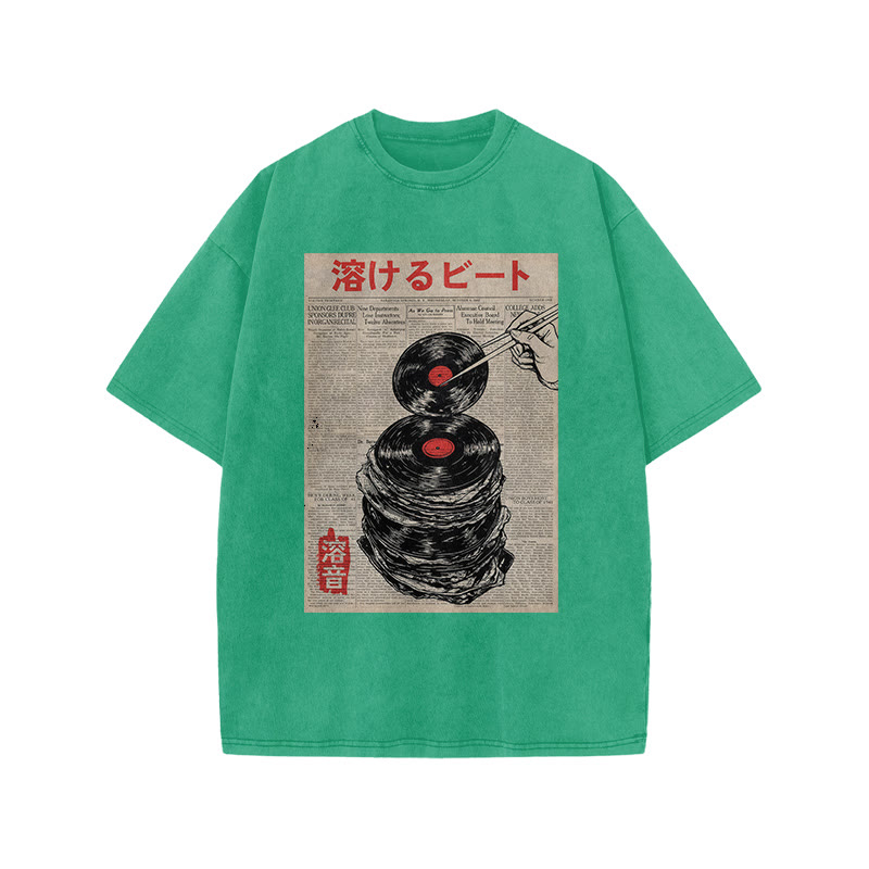 Japanese Retro Vinyl Records Pattern Print Acid Washed T-shirt - Green - US20-22(3XL) - image 6