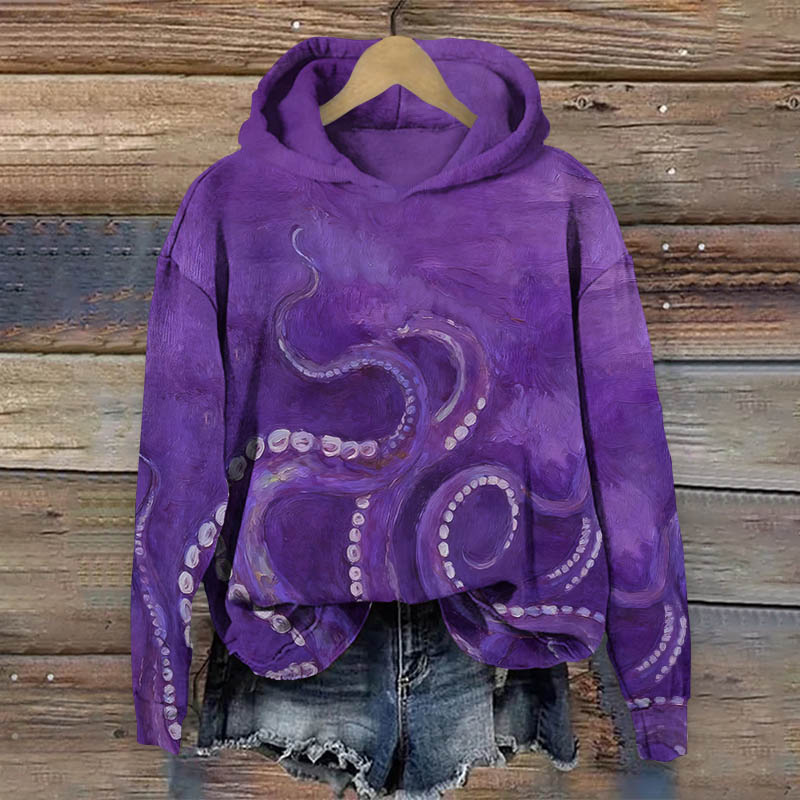 Creative Watercolor Octopus Tentacles Art Print Long Sleeve Hoodie - Purple - US44-46(8XL) - image 2