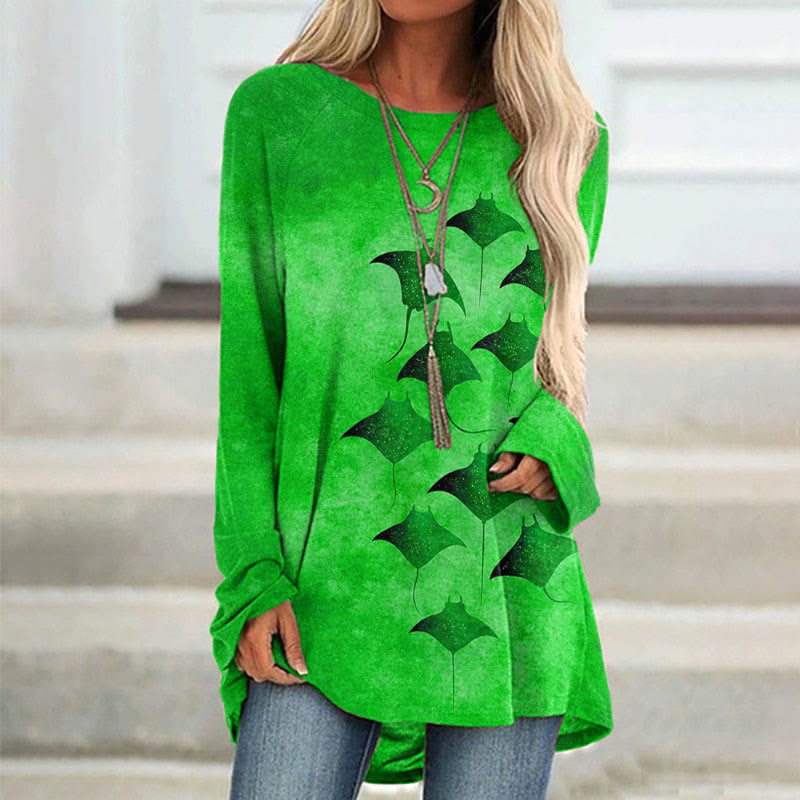 Vintage Manta Ray Art Print Casual Long Sleeve Tunic - Green - 8XL - image 4