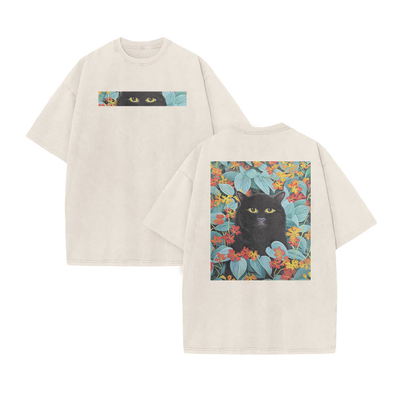 A Black Cat In A Field Of Blue Leaves Print Acid Washed T-shirt - Beige - US20-22(3XL) - image 3