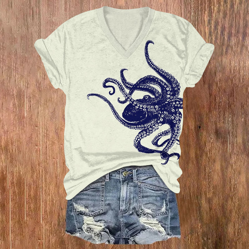 Watercolor Blue Octopus Art T-shirt - Beige - US32-34(5XL) - image 2