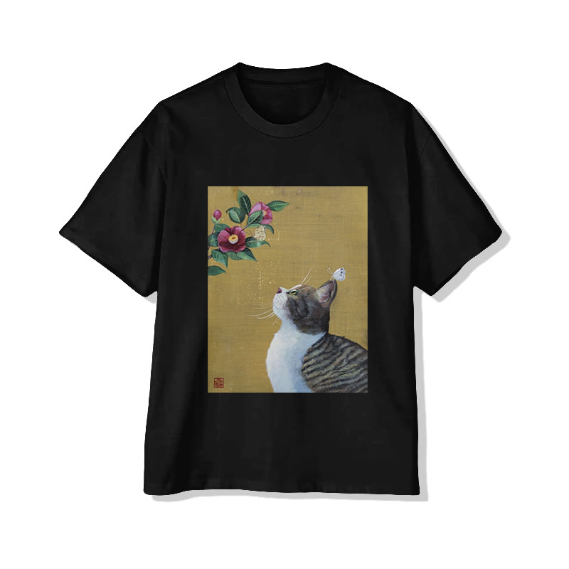 Unisex Japanese Cat And Floral Art Print Short Sleeved Crew Neck T-Shirt - Black - 2XL - image 4