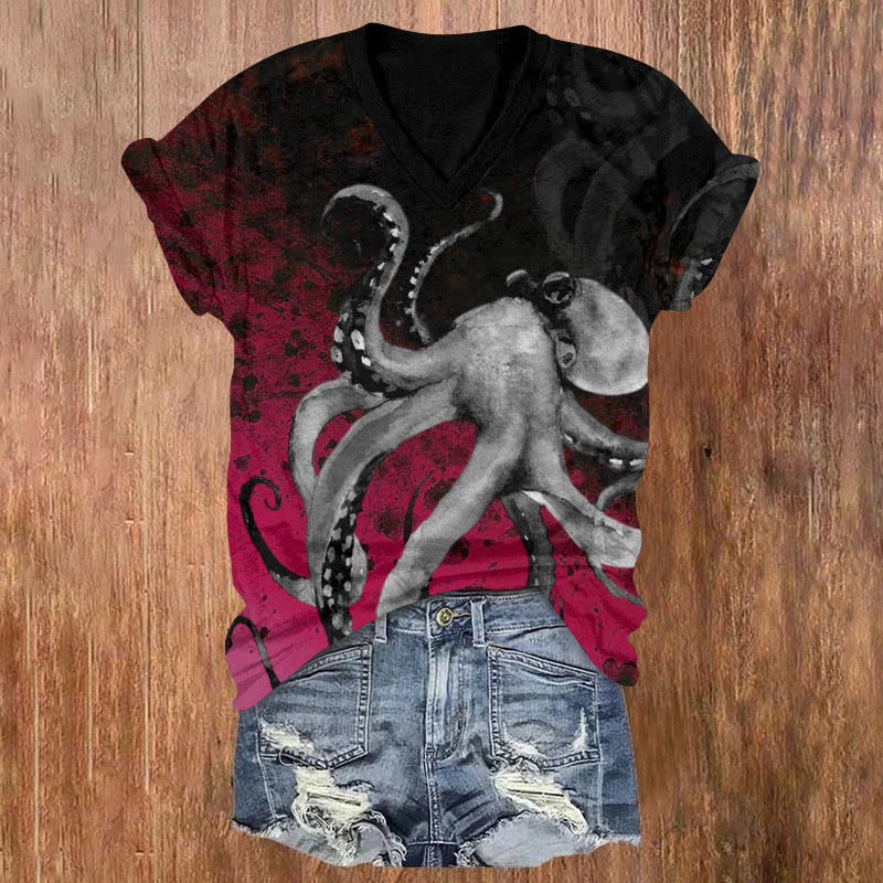 Ink Octopus Gradient Pattern Print Short Sleeved V-neck T-shirt - Red - US32-34(5XL) - image 4