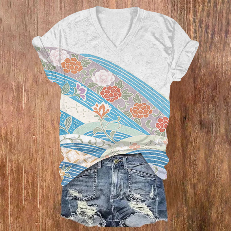 Japanese Retro Waves And Flowers Printed Short Sleeved V-neck T-shirt - Light Gray - US32-34(5XL) - image 1