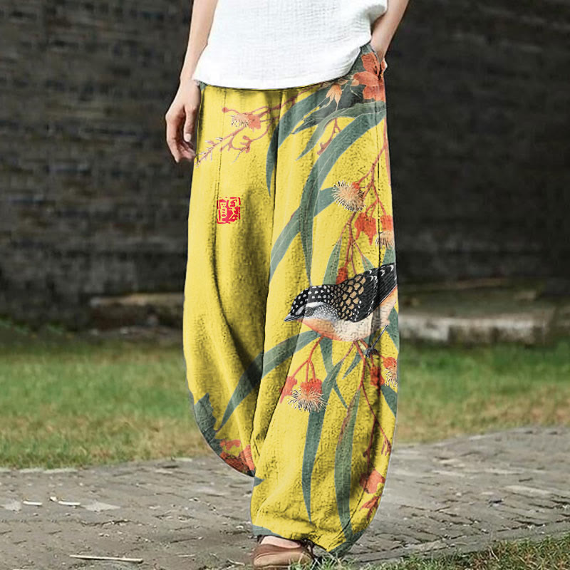Japanese Vintage Little Bird Pattern Print Casual Bloomers Pants - Yellow - US18(5XL) - image 5