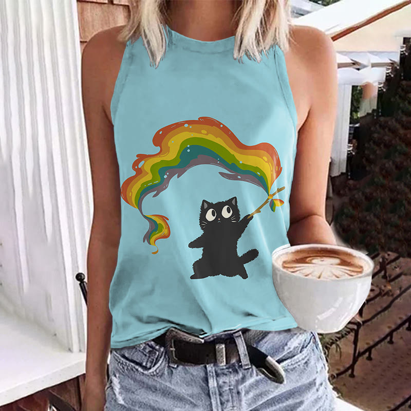Lovely Black Cat Holding Rainbow Flag Print Crew Neck Tank Top - Blue - 5XL - image 4