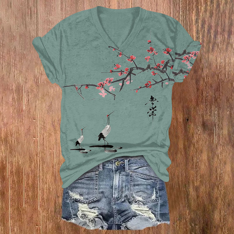 Japanese V-neck Crane Flowers Art T-shirt - Green - US32-34(5XL) - image 2