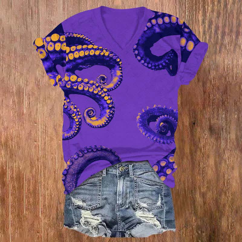 Creative Contrast Octopus Tentacles Art Print V-neck T-shirt - Purple - US32-34(5XL) - image 2