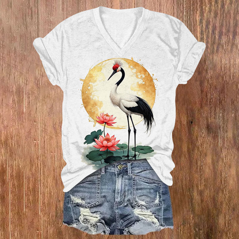 Japanese Elegant Crane On Lotus Pond Art Print V-neck T-shirt - White - US32-34(5XL) - image 2