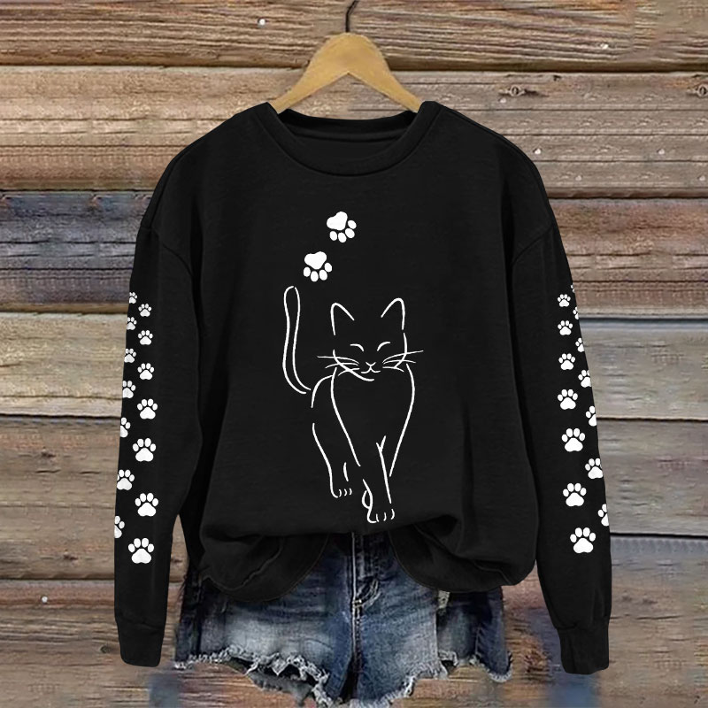 Funny Cat And Footprints Casual Crew Neck Sweatshirt - Black - 5XL - image 2