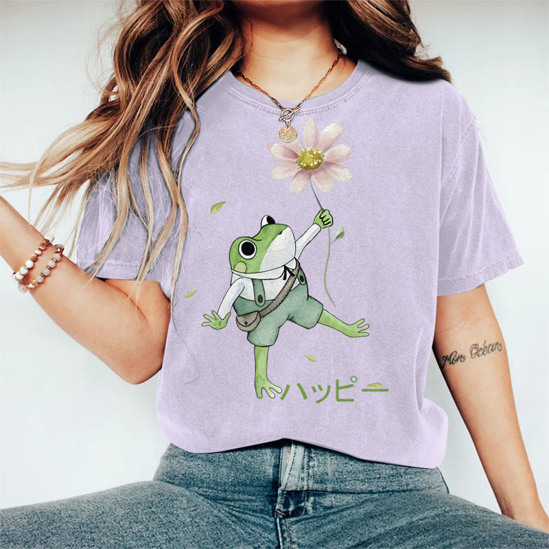 100% Cotton Women's Japanese Lovely Frog Holding Flower Art Print Casual T-shirt - Khaki - 2XL - image 5