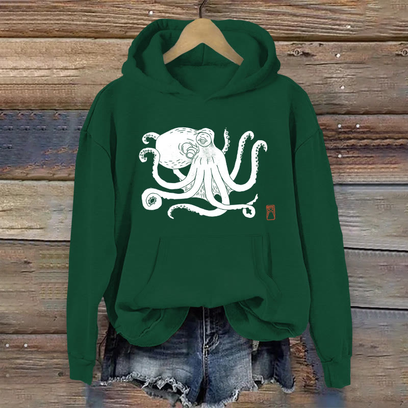 100% Cotton Octopus Print Women's Hoodie - Green - 2XL - image 5