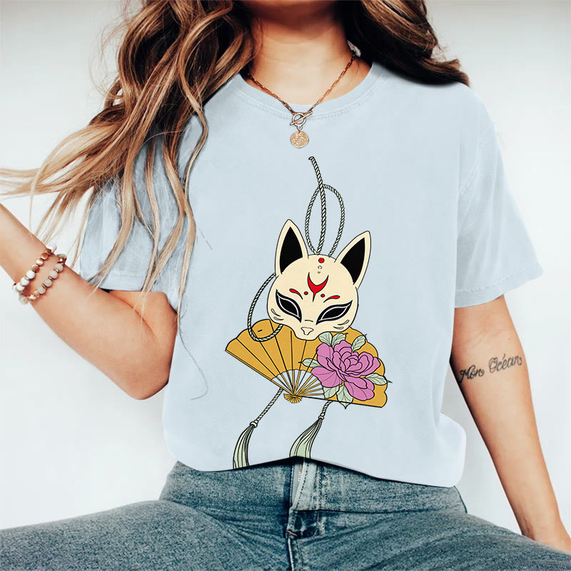 100% Cotton Women's Japanese Style Fox Mask Flower Fan Art Print Casual T-shirt - Blue - 2XL - image 5
