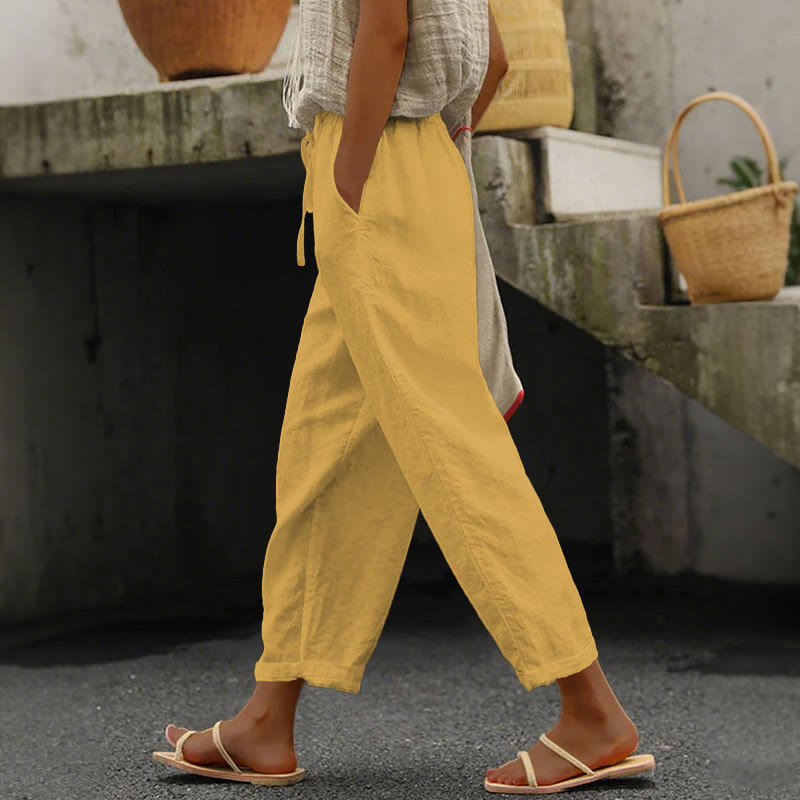 Women's Solid Color Casual Pocket Pants  - Yellow - 5XL - image 7