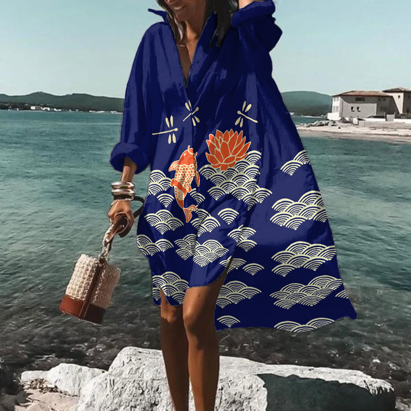 Japanese Style Koi Fish Dragonfly Wave Art Print Dress - Dark Blue - 5XL - image 4