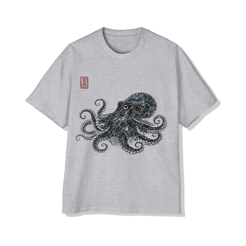 Japanese Creative Blinking Octopus Print Short Sleeved Crew Neck T-shirt - Grey - 2XL - image 4