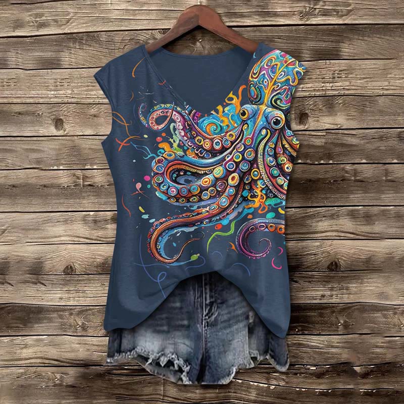 Vintage Rainbow Octopus Art Print V-neck Tank Top - Blue - 5XL - image 5