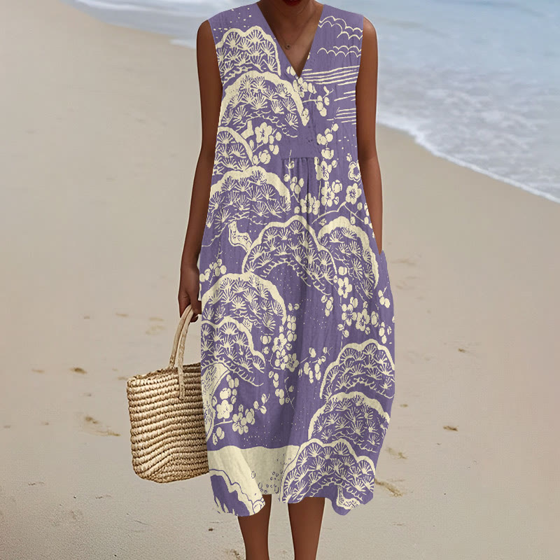 Japanese Art Plum Blossom Art Print V-neck Sleeveless Dress - Purple - 5XL - image 3