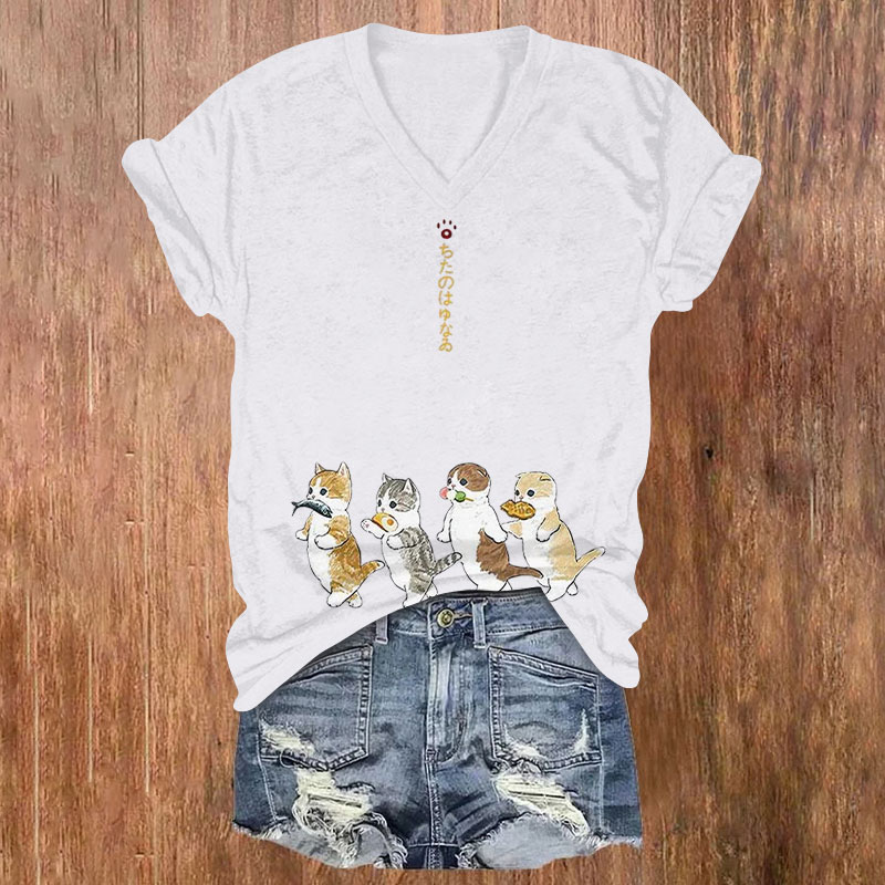 Japanese Cartoon Cat Print V-neck T-shirt - White - 5XL - image 5