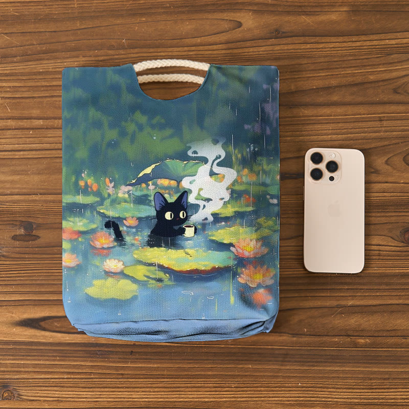 Interesting Cat Drinking Water In Lotus Pond Print Woven Handbag - image 3